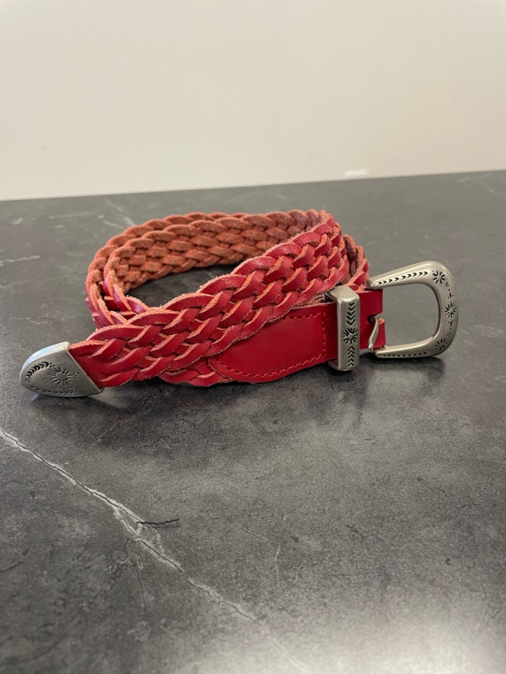 Vintage Braided Red Leather Belt with Decorative Silver Buckle